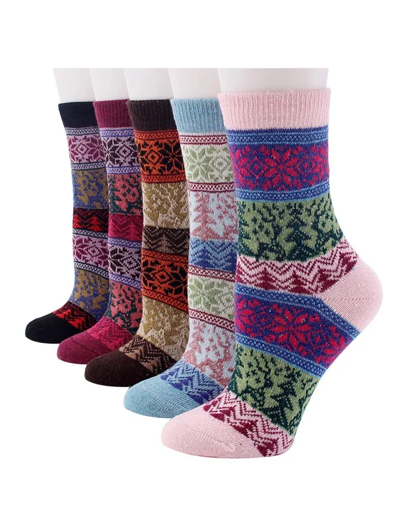 5 Pairs Women's Wool Socks Gift Winter Warm Thickened Knit Comfortable Cozy Crew Socks, Womens Vintage Socks, 6-10