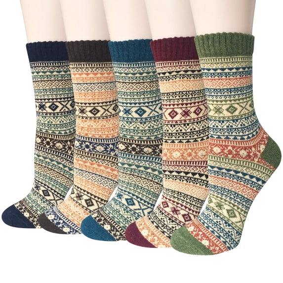 LEZMORE 5 Pairs Womens Wool Socks Thick Knit Vintage Winter Warm Cozy Crew Socks Gifts