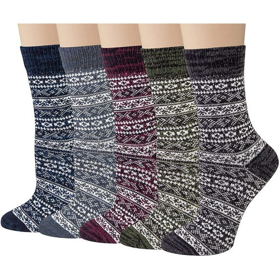 LEZMORE 5 Pairs Wool Socks for Women Gifts Winter Warm Thick Knit Cabin Cozy Crew Socks