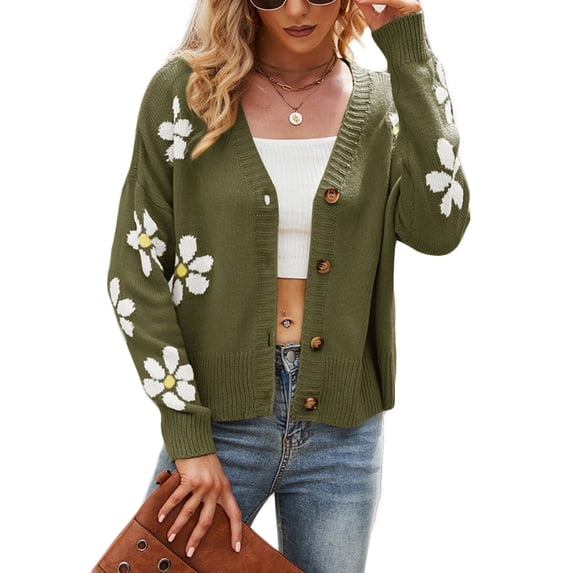 Cardigans for Women Button Up Open Front Cadigan Sweaters Floral Print Cute Short Knitted Cardigan