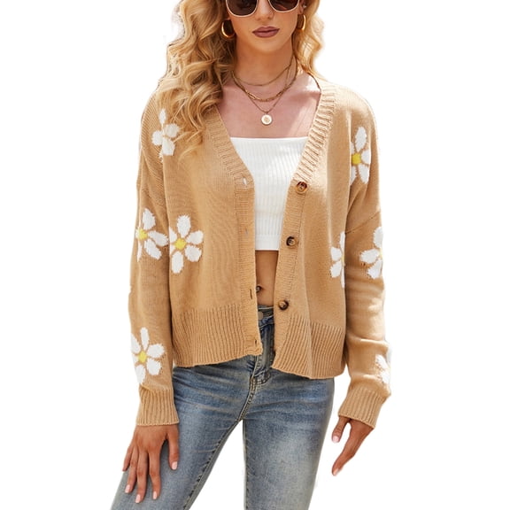Cardigans for Women Button Up Open Front Cadigan Sweaters Floral Print Cute Short Knitted Cardigan