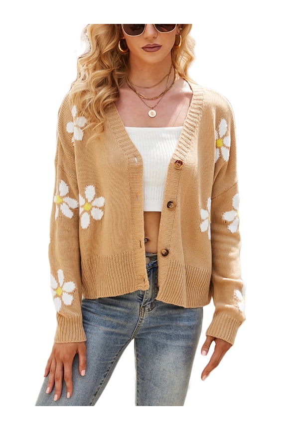 Cardigans for Women Button Up Open Front Cadigan Sweaters Floral Print Cute Short Knitted Cardigan