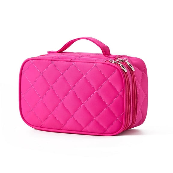 LEZMORE Double-layer makeup bag toiletry bag rhombus waterproof makeup case nylon storage bag with mirror, Rose
