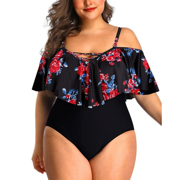 LEZMORE Plus Size One Piece Swimsuits for Women Off Shoulder Flounce Bathing Suits Ruffle Tummy Control Swim Suits M 28W Walmart Business Supplies