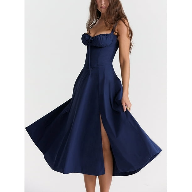 LEZMORE Women S Long Summer Sun Dress Spaghetti Strap V Neck Sleeveless A Line Skirt Wrap Maxi Sundresses Navy M