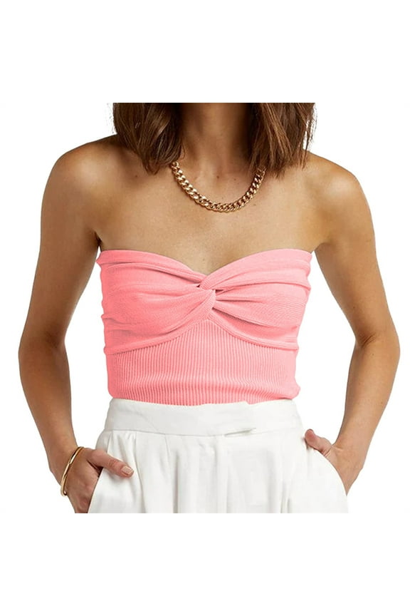 Women Summer Strapless Tops Trendy Cute Ribbed Knit Twisted Knot Front Sleeveless Tube Tops Pink M