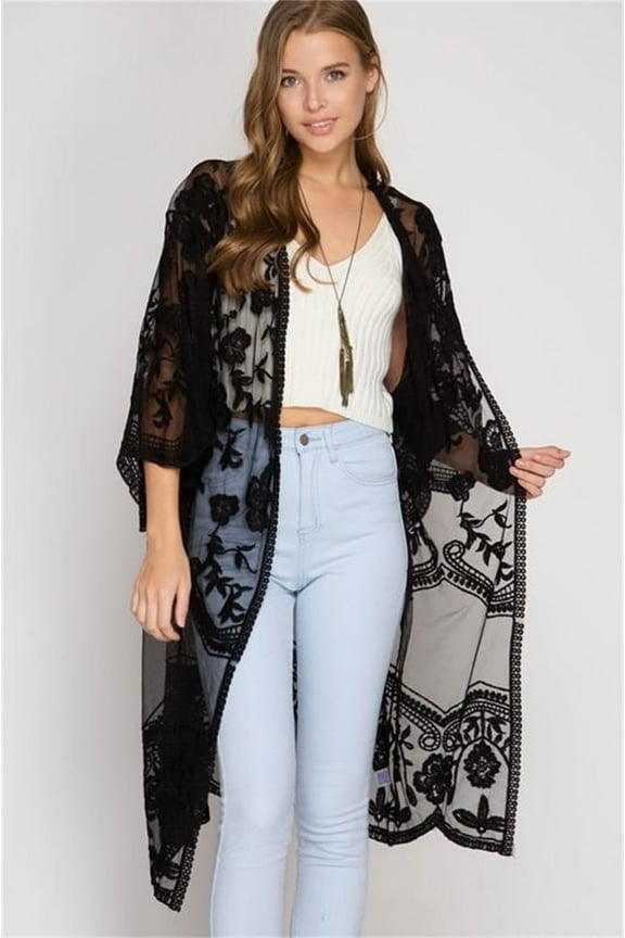 Women Swimsuit Cover up Mesh Lace Kimono Cardigan Open Front Beach Cover ups Swimwear Black