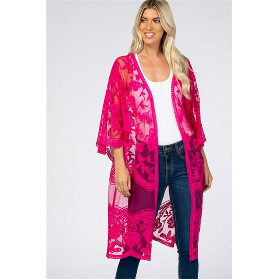 LEZMORE Women Swimsuit Cover up Mesh Lace Kimono Cardigan Open Front Beach Cover ups Swimwear Rose Red