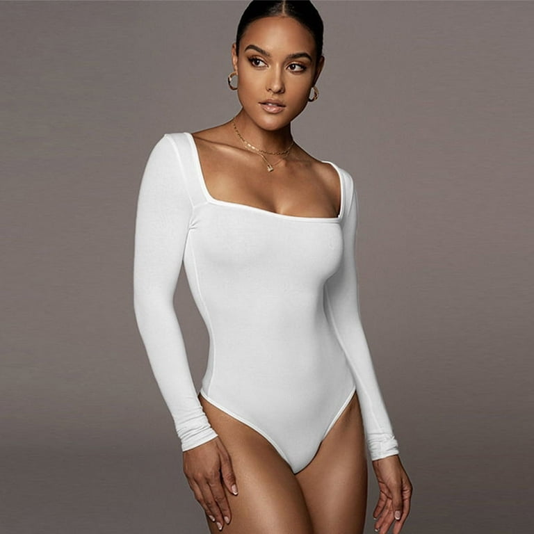 LEZMORE Women's 2 Pcs Bodysuits Sexy Ribbed One Piece Square Neck Long  Sleeve Bodysuits