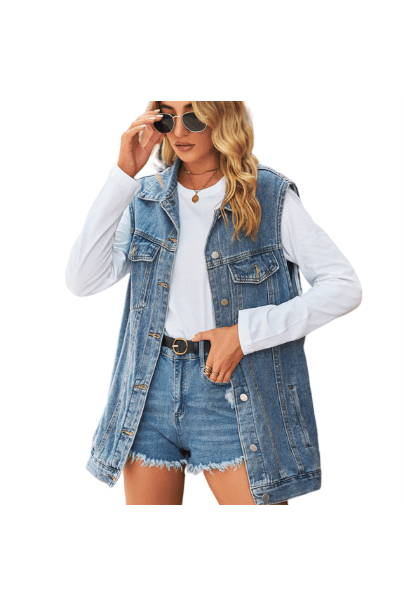 Women's Oversized Denim Vest Mid Long Jean Vest Sleeveless Jackets Distressed Vest Cotton