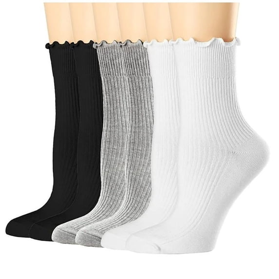 LEZMORE Women's Ruffle Socks, 6Pairs Cute Frilly Ankle Turn-Cuff Casual Socks, Frilly Edged, Knit Cotton Lettuce Crew Sock