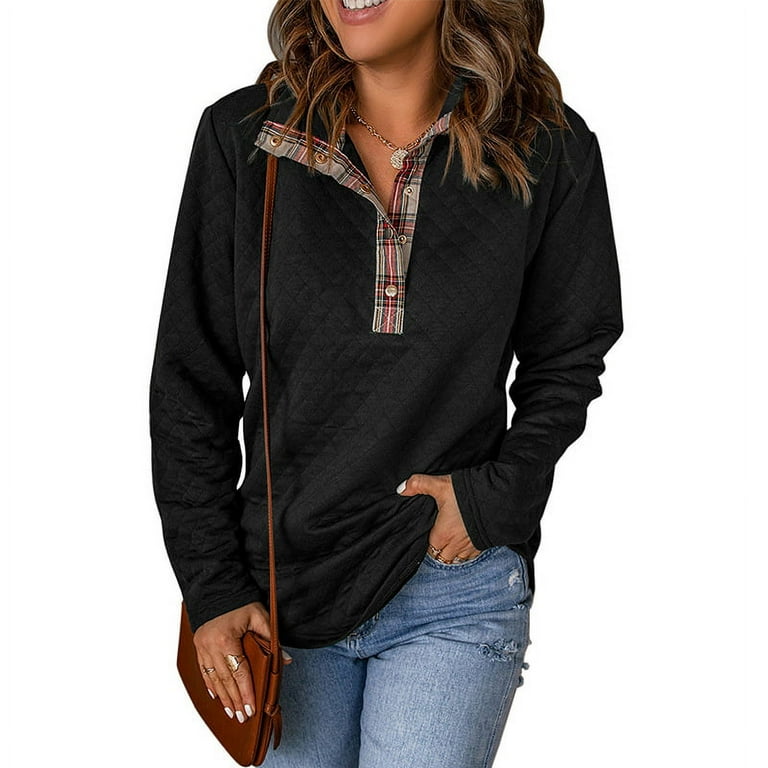 LEZMORE Women s Stitching Button Sweatshirt Stand Collar Geometric Texture Long Sleeve Hoodie Women Autumn Winter Plaid Against Color Loose Blouse