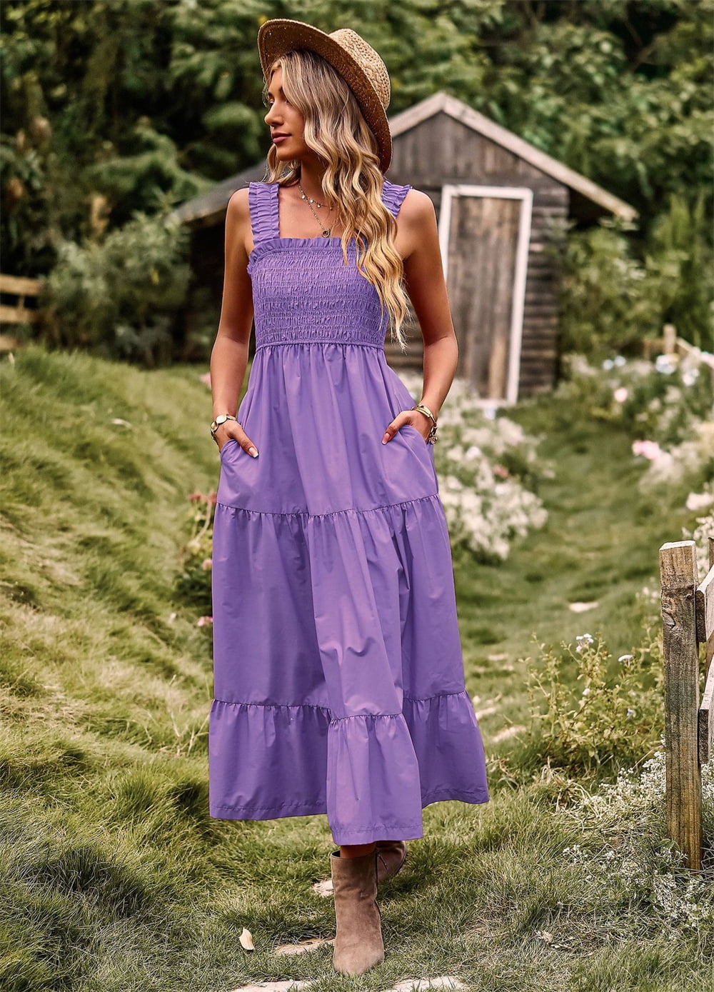 Women's Boho Floral Maxi Dress - Spaghetti Strap Smocked Tiered Sundress For Summer - View #11