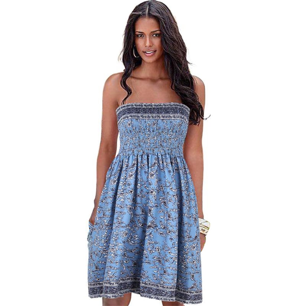 Sexyshine Women's Summer Strapless Floral Mini Dress - Bohemian Tube Dress Beach Cover Up, Size Large (Red)
