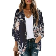 LEZMORE Women's Summer Kimonos Cardigan 3/4 Sleeve Swimsuit Cover-ups in Floral Print