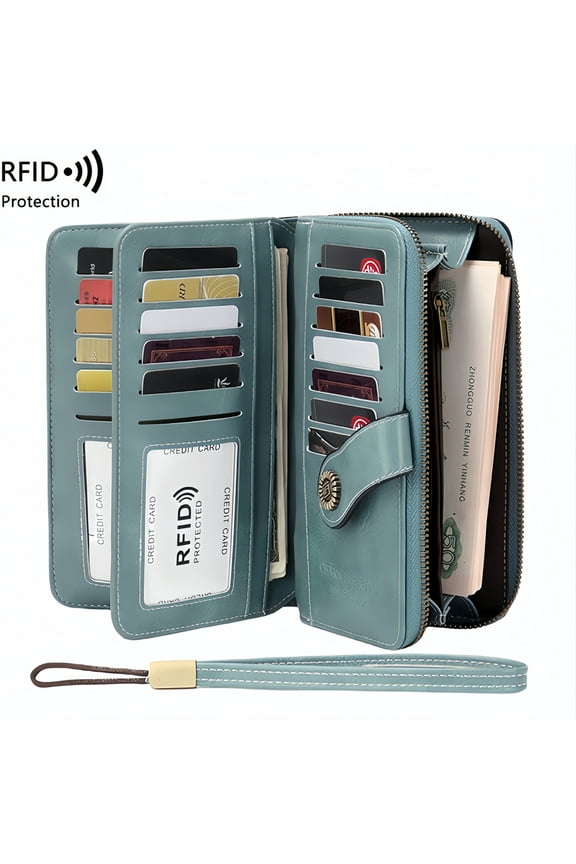 Women's Wallets Genuine Leather Credit Card Holder with RFID Blocking Large Capacity Light Blue