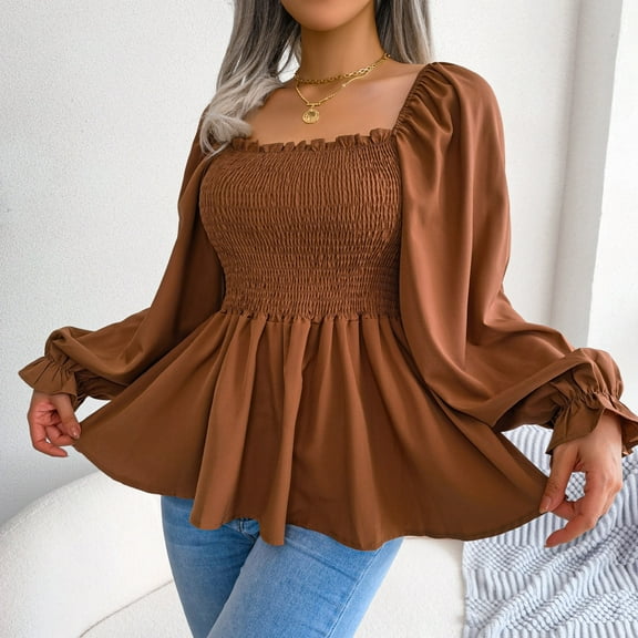 LEZMORE Womens Blouses Long Sleeve Shirts Square Neck Tops for Women Brown L