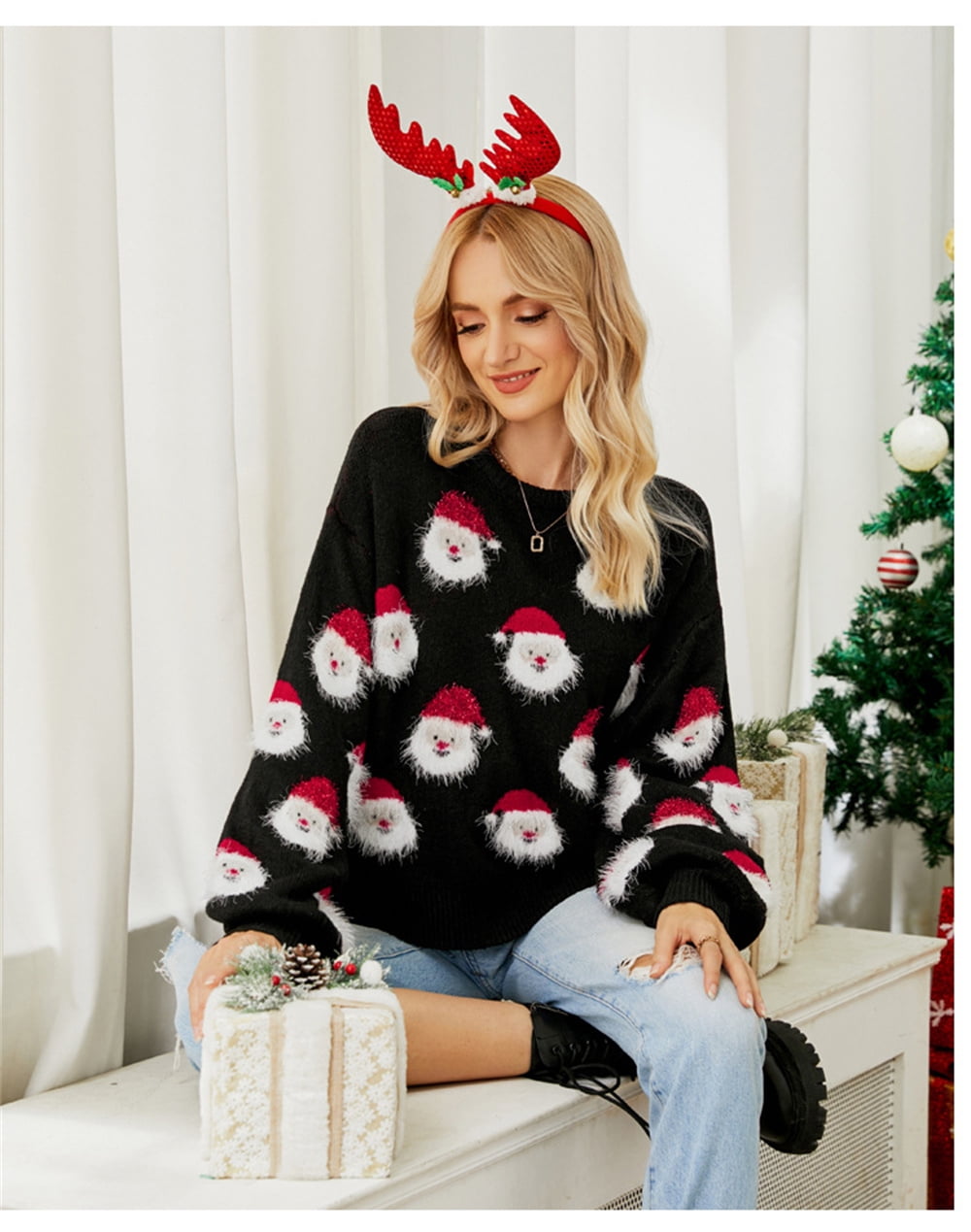LEZMORE Womens Christmas Sweaters Santa Claus Print Crew Neck Lantern