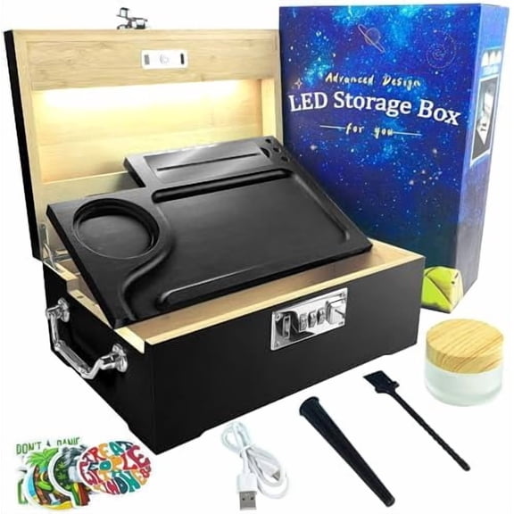 LEd sTORAGE bOX WITH cOMBINATION lOCK, lARGE bLACK bAMBOO bOX WITH rEMOVABLE tRAY & cOMPARTMENTS, wOODEN dECORATIVE bOX WITH aIRTIGHT jAR, bRUSH & aCCESSORIES AS gREAT cHRISTMAS gIFT