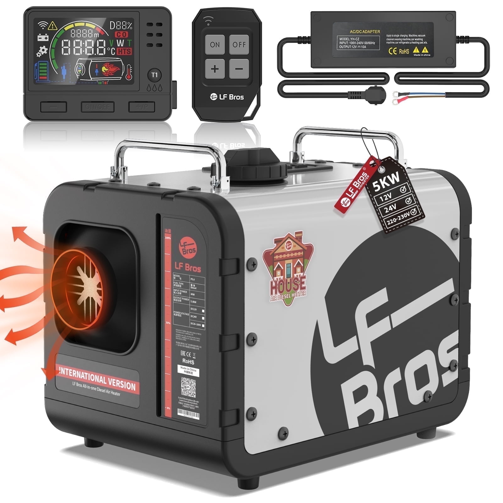 LF Bros N2 5KW Diesel Heater with 5L Tank, 12V/24V/110V Diesel Heater for Home Shop Garage Camper
