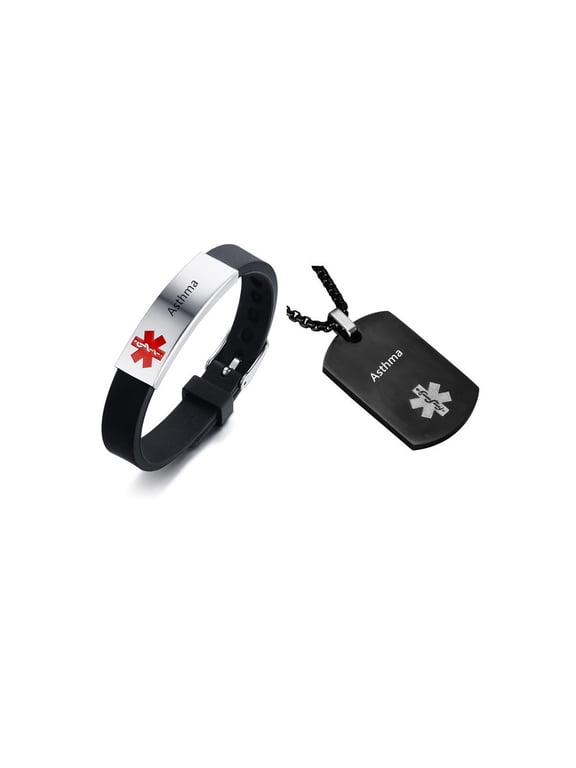 LF Medical Alert Bracelets and Necklaces Set for Men Women Stainless Steel Medic ID Identification Pendant Necklace & Silicone Cuff Bracelet Allergy Awareness Jewelry for Adult Teen,Customizable