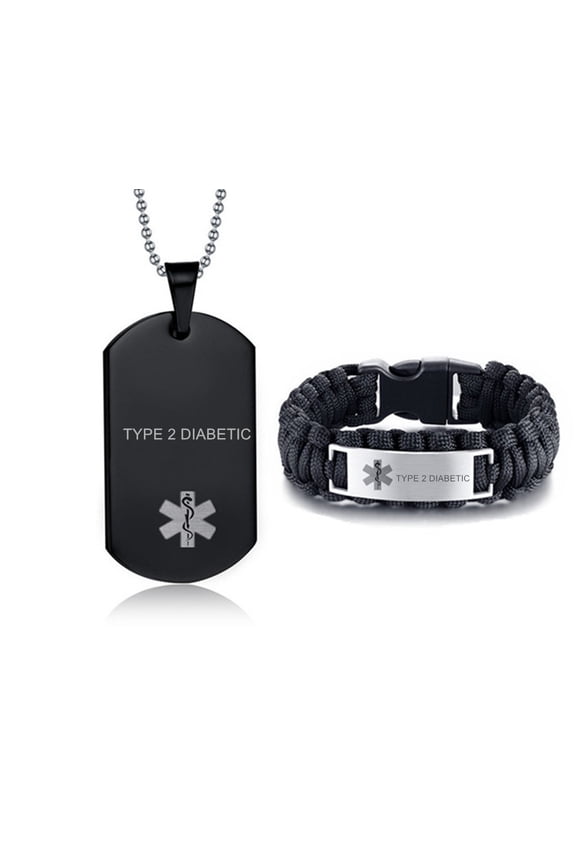 LF Stainless Steel Black Adrenal Insufficiency Medical Alert Jewelry Sets Emergency ID Tag Caduceus Bracelet Necklace Sets,Medic Jewelry for Men(Medical Alert Necklace + Bracelet)