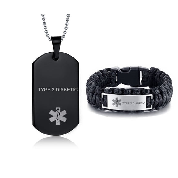 LF Stainless Steel Black Adrenal Insufficiency Medical Alert Jewelry Sets Emergency ID Tag Caduceus Bracelet Necklace Sets,Medic Jewelry for Men(Medical Alert Necklace + Bracelet)