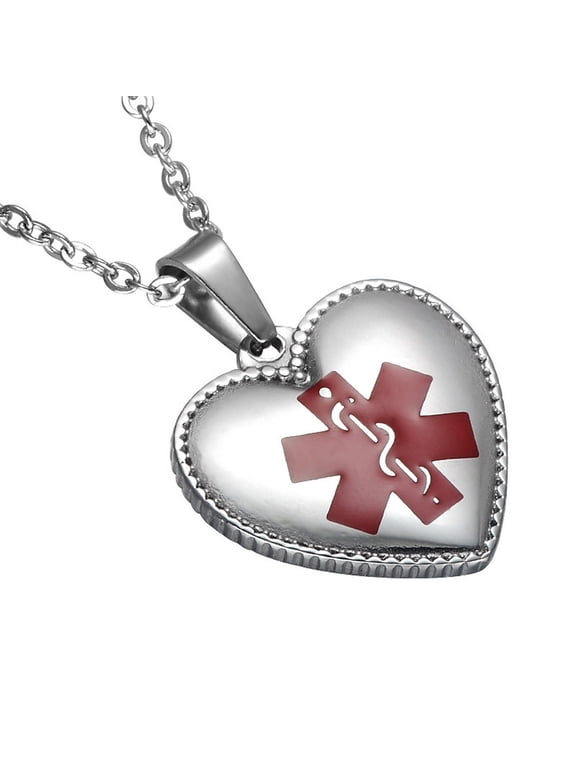 LF Womens 316l Stainless Steel ICE Sos Emergency Personalized Custom Medical Alert Necklace Heart ID Tag Pendant Health Alert Monitoring Silver for Woman