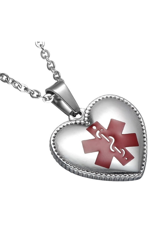 LF Womens 316l Stainless Steel ICE Sos Emergency Personalized Custom Medical Alert Necklace Heart ID Tag Pendant Health Alert Monitoring Silver for Woman