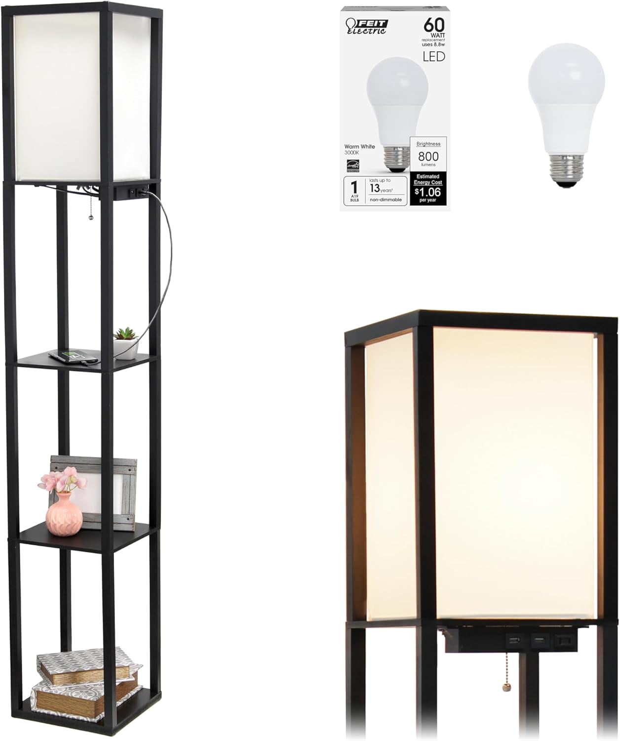 Black 62.5" Floor Shelf Lamp with Linen Shade and USB Ports