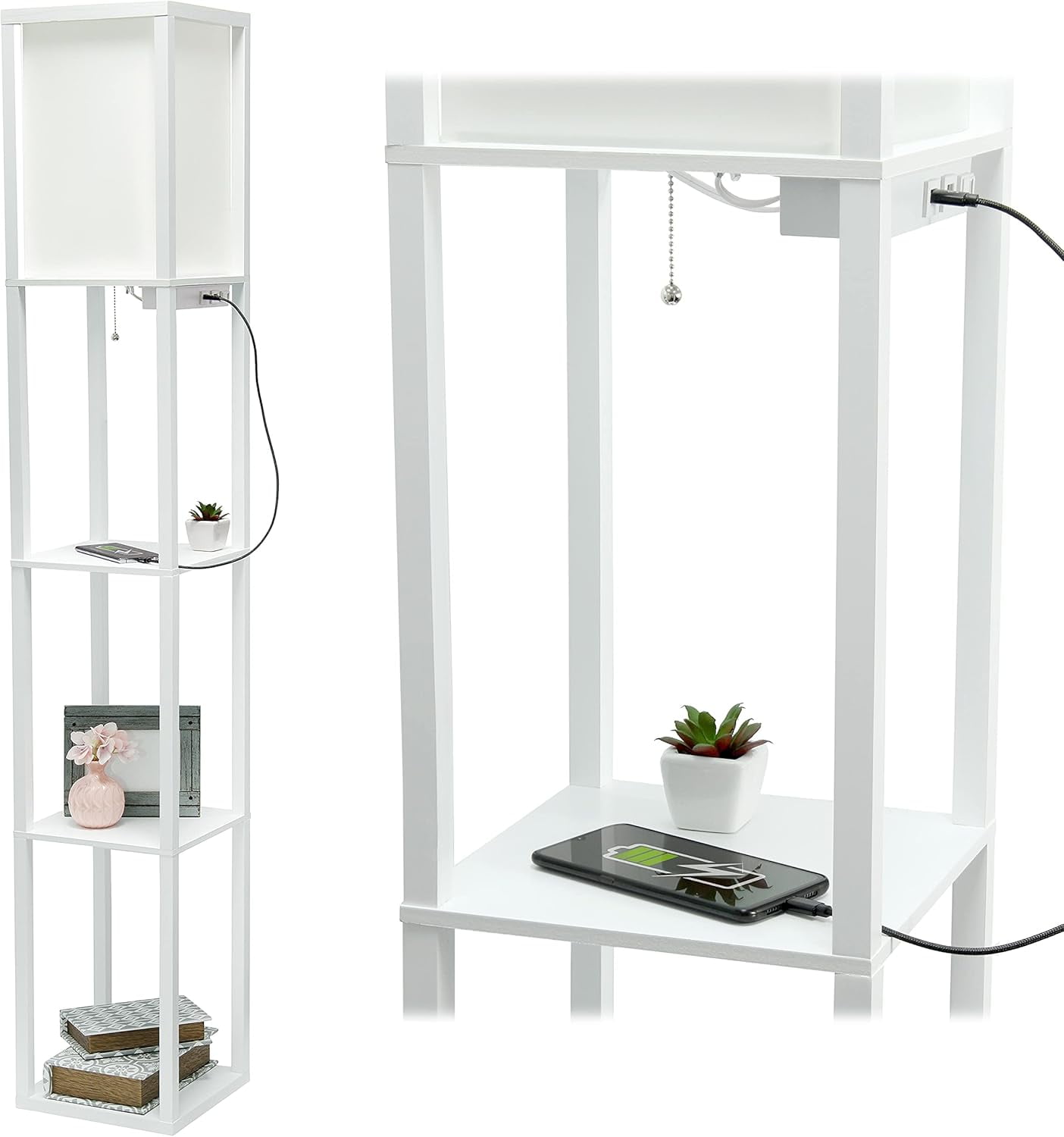 White Wood Floor Lamp with Shelves and Linen Shade