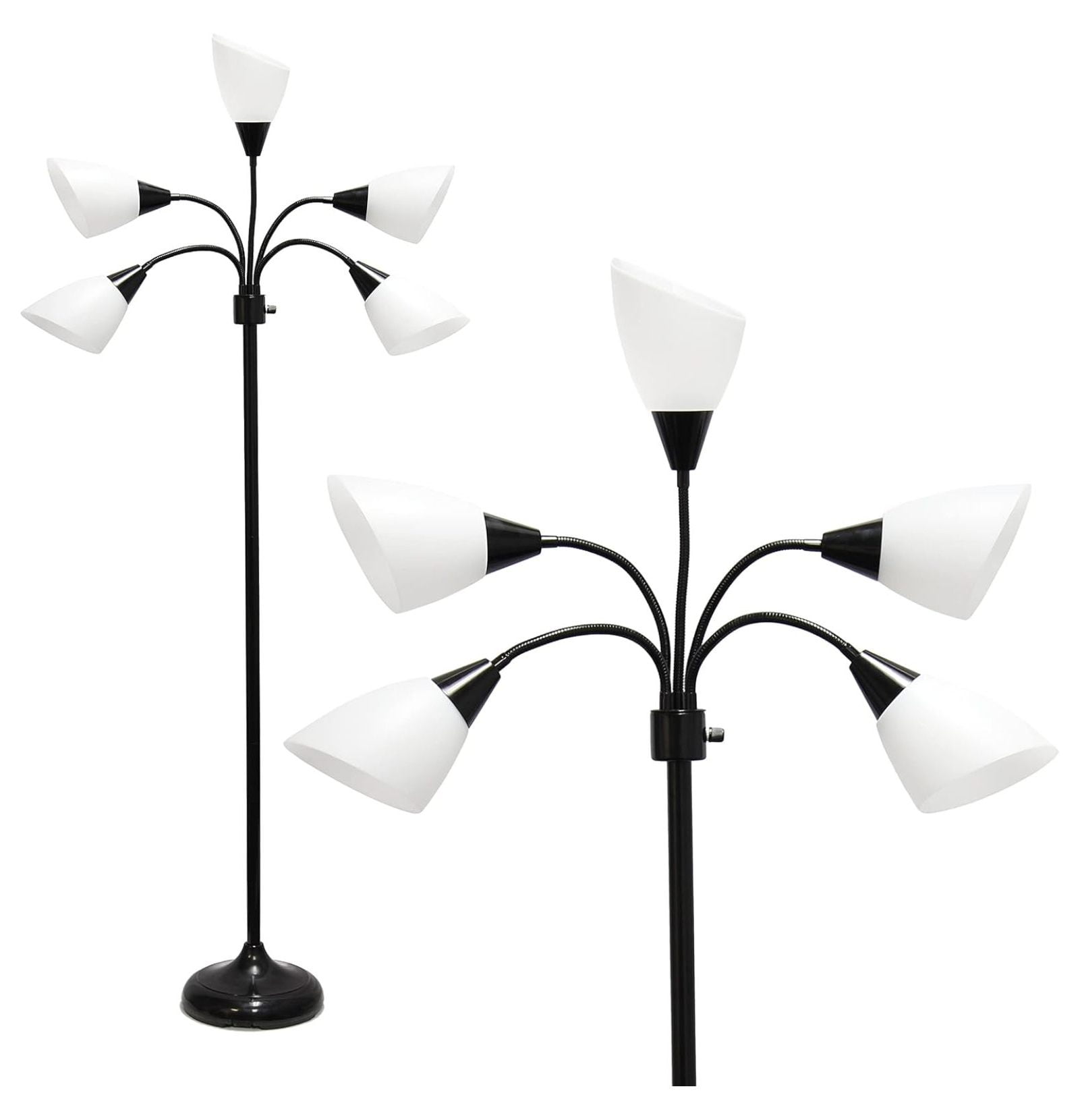67" Black Adjustable Multi-Head Floor Lamp with White Shades