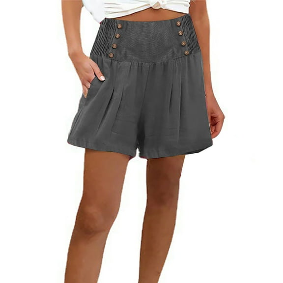 Hvot&aat Cotton Linen Shorts for Women Summer Smocked High Waisted Casual Loose Solid Athletic Beach Shorts with Pockets
