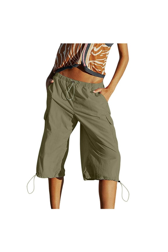 Drawstring Capris for Women Summer Casual Loose Fit Elastic Waist Cropped Cargo Trousers with Pockets