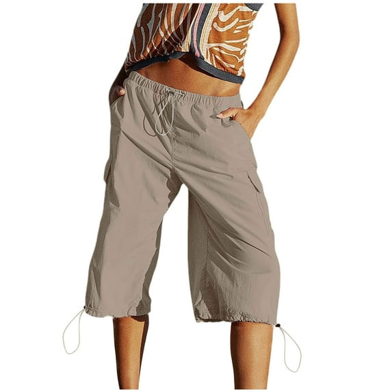 Hvot&aat Drawstring Capris for Women Summer Casual Loose Fit Elastic Waist Cropped Cargo Trousers with Pockets