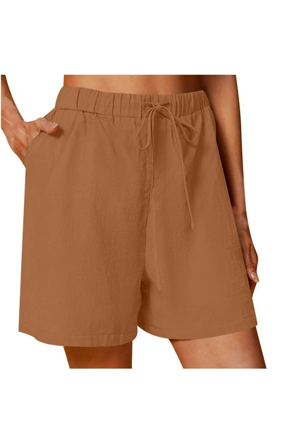 Women's Summer Comfy Linen Shorts Lightweight Casual Elastic Waist Loose Wide Leg Lounge Shorts with Pockets