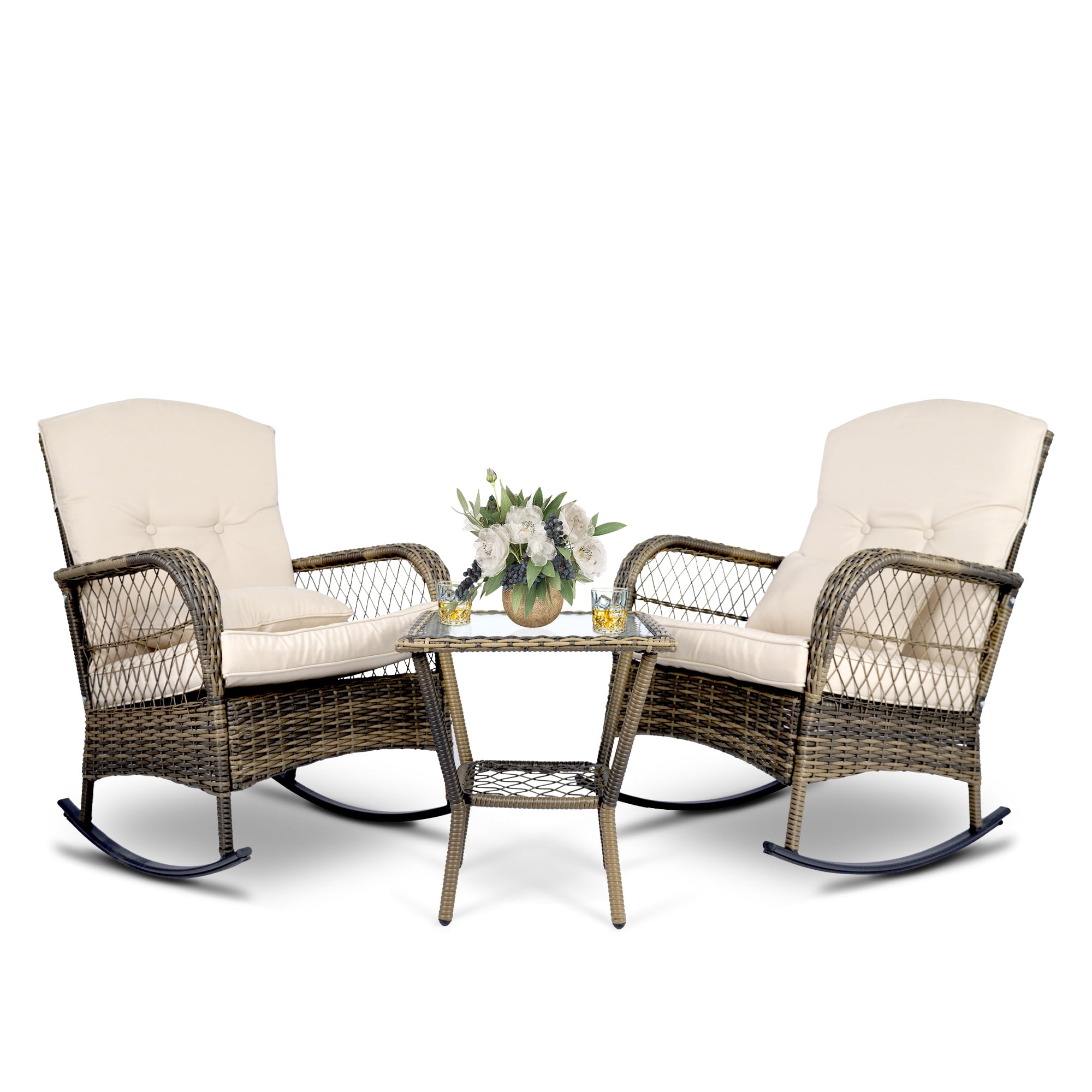 LFCREATOR Wicker Rocking Chairs Set of 2, All-Weather Wicker Patio ...
