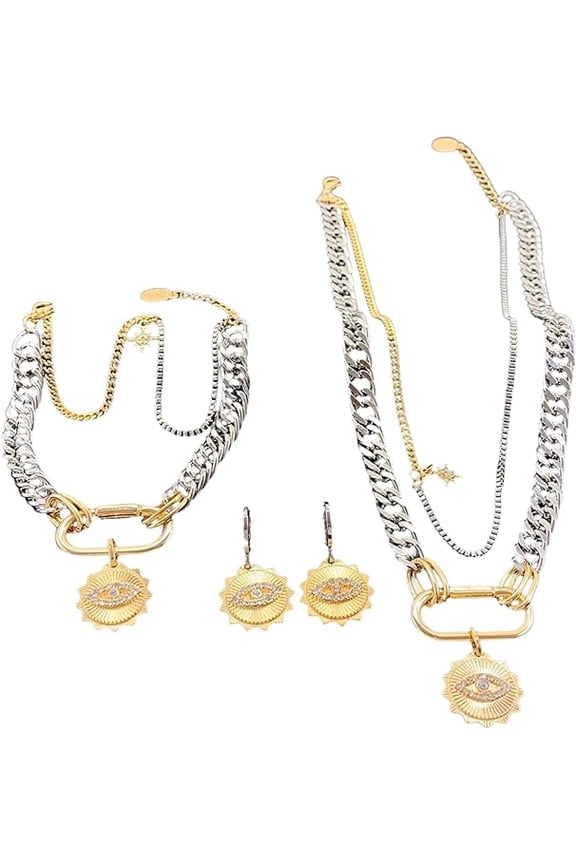 LFE Stainless Steel hypoallergic choker necklace Cuban Link Chain Golden silver layered cuban chain necklace jewelry gift for women (Set)