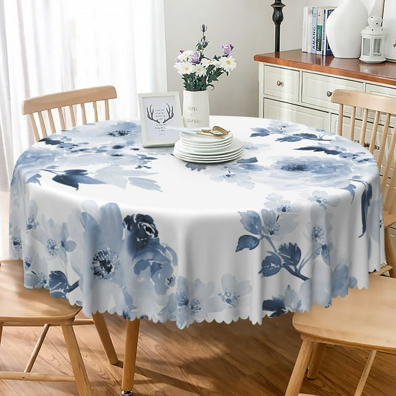 LFEEY Blue Flower Tablecloth Round 60 inches, Kitchen Table Decorative Tablecloth Cover