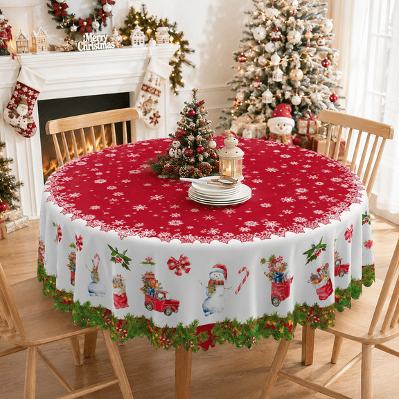 LFEEY Christmas Tablecloth Green Red Round 60 Inch, Washable Table Party Decoration