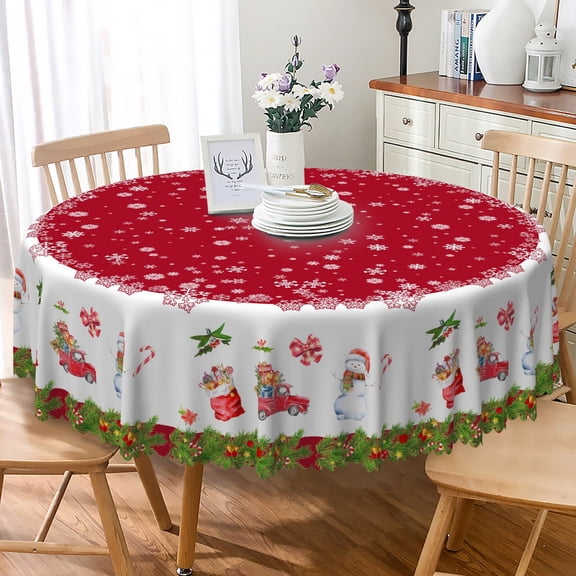 LFEEY Christmas Tablecloth Green Red Round 60 Inch, Washable Table Party Decoration