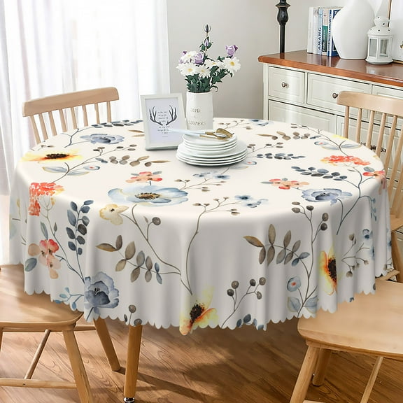 LFEEY Flower Botanical Round Tablecloth Cover, Crinkle Free Rustic Tablecloth Polyester 60 inches
