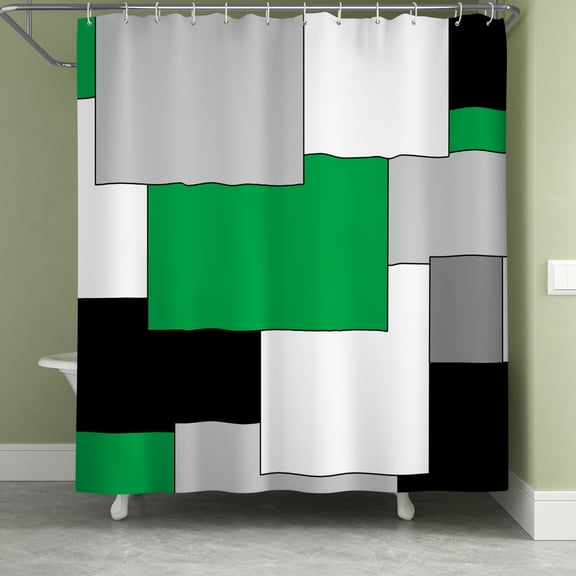 LFEEY Green Geometric Shower Curtain, Modern Neutral Waterproof Fabric with Hooks, 72x72