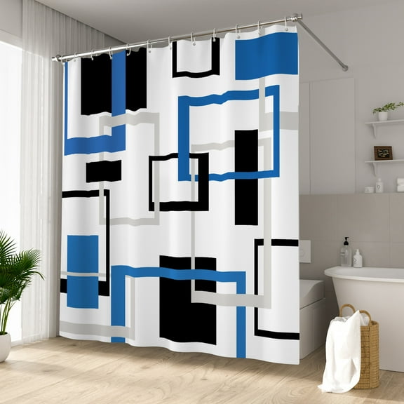LFEEY Modern Geometric Shower Curtain, Blue Waterproof Shower Curtain, Minimalist Abstract Shower Curtain Waterproof with Hooks, 72x72 in