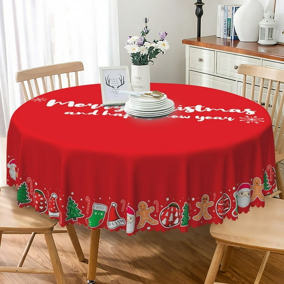 LFEEY Red Snowman Gingerbread Round Tablecloth, New Year's Party Table Decoration, 70 inch