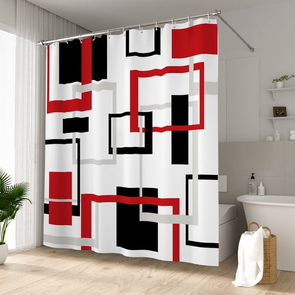 LFEEY Shower Curtains Waterproof, Modern Minimalist Bathroom Decor, Polyester, with Hooks, Black and Red Geometric, 72"X72"