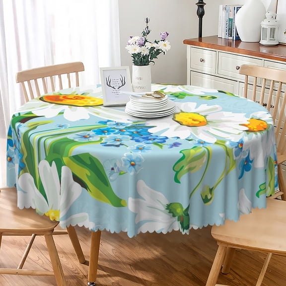 LFEEY Simple Round Tablecloth Polyester Spring Daisy Print 60 inch