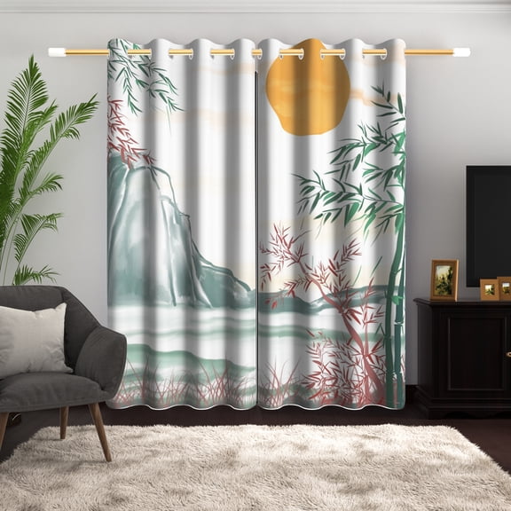 LFEEY Traditional Bamboo Ink Print, Room Darkening Grommet Curtains, 42x72 inches, 2 Panels