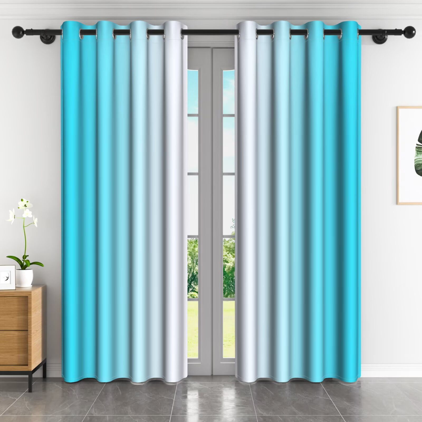 LFEEY Turquoise Teal Curtains, Blackout Light Room Darkening Curtains, Ombre Gray, 52" W x 63" L, 2 Panels