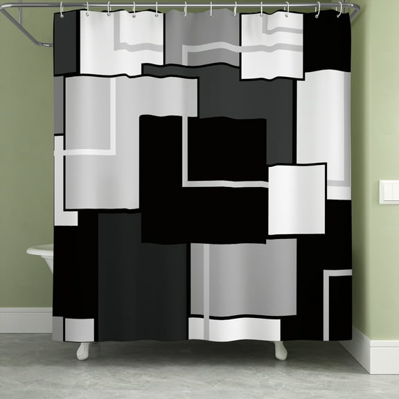 LFEEY White Gray Geometric Shower Curtain, Modern Abstract Plaid Waterproof Fabric Bathroom Decor with Hooks, 72x72